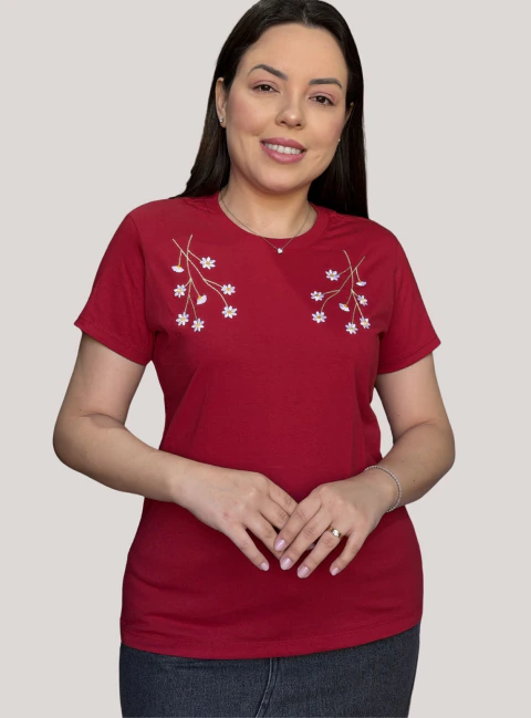 T-SHIRT 100% ALGODÃO BORDADA FLORES NO OMBRO - comprar online