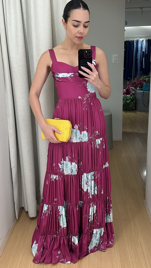 VESTIDO CETIM ROSA FLORES BRANCA