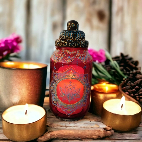 Luminária Indiana Vermelha com Flor de Lótus – Arte Decorativa com Pintura Mehndi - comprar online
