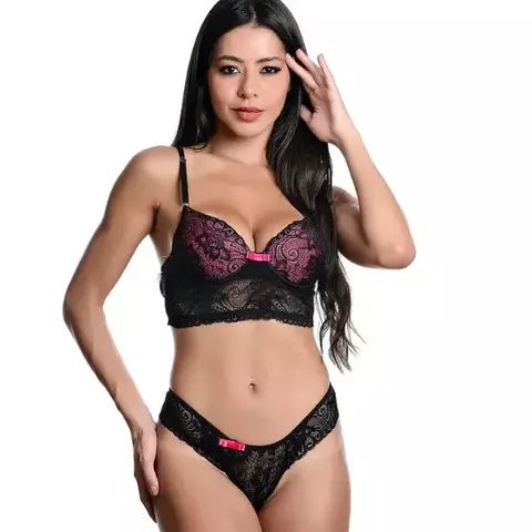 Conjunto Fio Rendado com Bojo Dira´s - Preto e Pink - comprar online