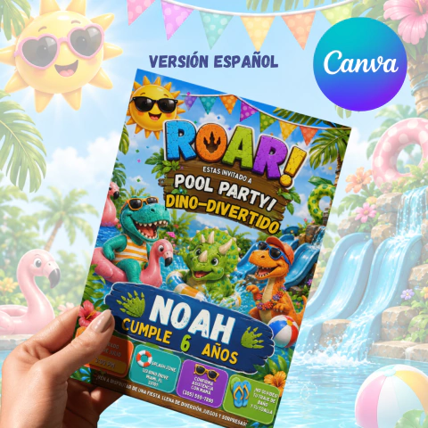 Invitación de Cumpleaños de Dinosaurios – Fiesta de Piscina
