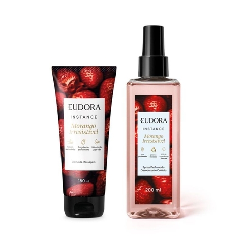 Combo Instance Morango Irresistível: Spray Perfumado 200ml + Creme de Massagem 180g Eudora