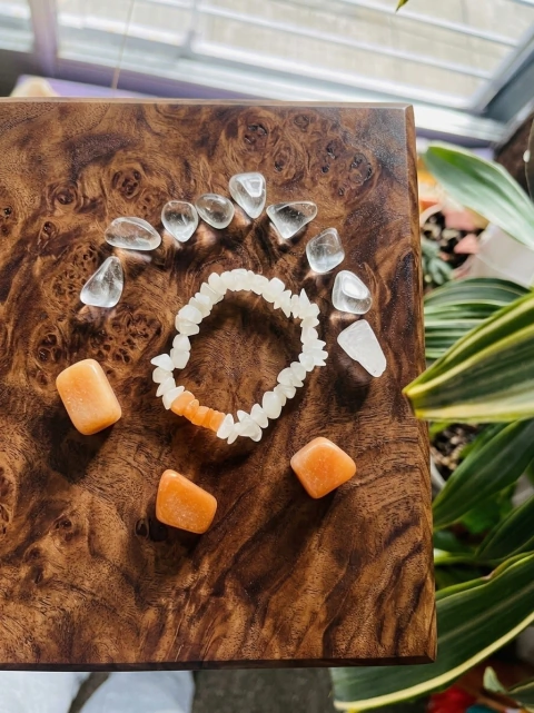 Pulsera de piedra Cuarzo Blanco y Calcita Naranja- Claridad mental, limpieza energética
