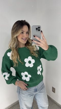 Tricot Suéter Verde Flores • Handmade - comprar online