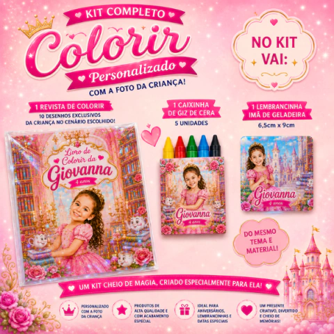 Revista de Colorir Personalizada com a Foto da Criança | Kit Completo com Giz de Cera + Imã de Geladeira | A5
