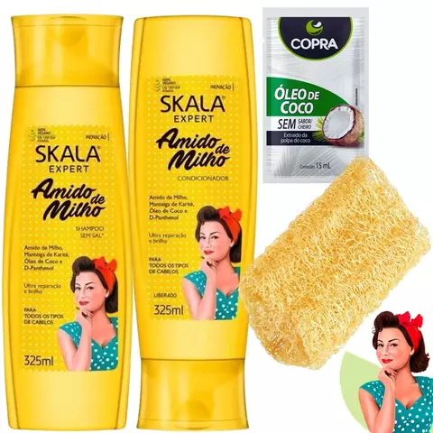 Kit Skala Amido Milho Shampoo Condicionador óleo coco bucha
