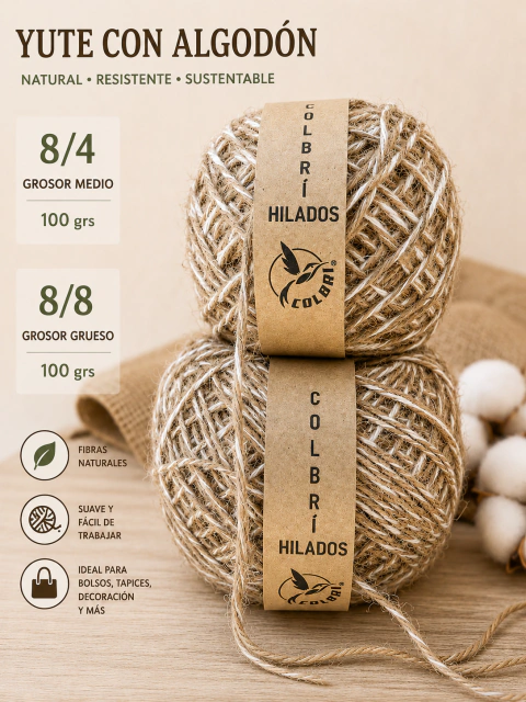 Ovillo Algodón con Yute 100 g – Grosor 8/4 y 8/8 para Tejido y Decoración 