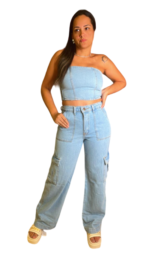 Conjunto Jeans calça Cargo + Tomara que Caia