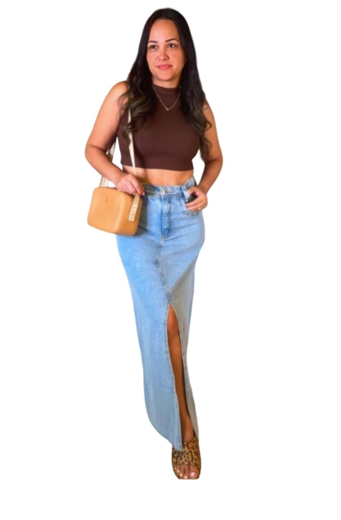 SAIA JEANS MIDI LONGA CINTURA ALTA FENDA FRONTAL BLOGUEIRA