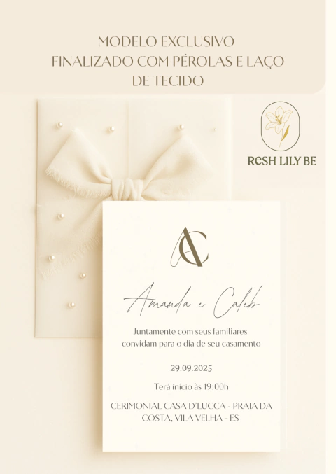 Convite de Casamento Minimalista com Laço de Tecido e Pérolas - comprar online