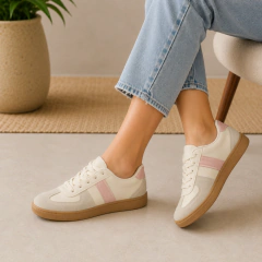 Tênis Casual Beira Rio Couro Sintético Camurça Tricolor Off White Rosa - loja online