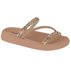 Sandália Papete Feminina Moleca Tiras Strass Multicolorido Bege - comprar online
