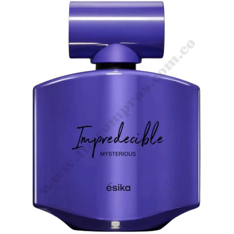 Botella morada de vidrio del perfume Impredecible Mysterious de Ésika, 50ml.