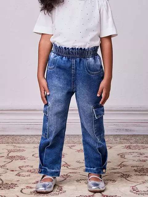 Calça Jeans Cargo com Pregas