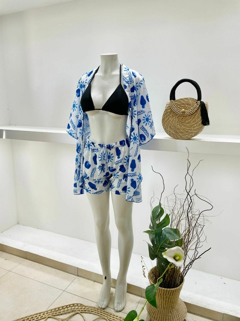 KIMONO TROPICAL AZUL - SHORT COM ELÁSTICO