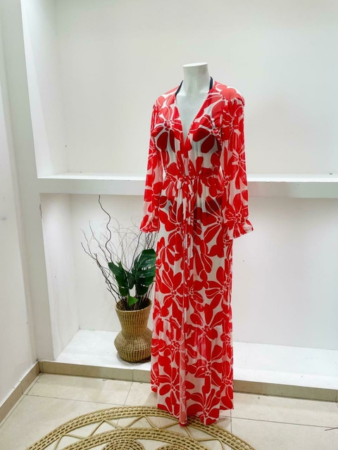 SAÍDA LONGA EM TULE - FLORES VERMELHAS