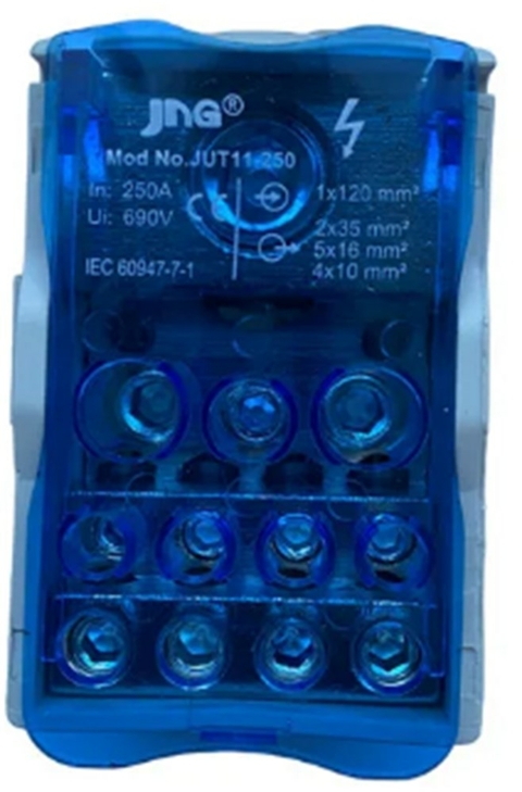 Bloco de Distribuição JNG | JUT11-160 | 1 Polo | 160 Amperes | Entrada: 1x70mm + 1x16mm | Saída: 6x16mm | 690Vca