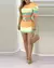 Vestido feminino de fibra sintética com listras coloridas, manga bufante e cinto com fivel