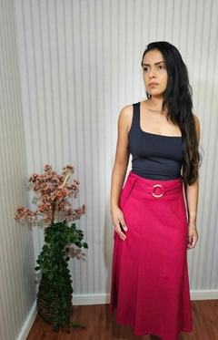 Saia Midi Linho com Cinto e Zíper Invisível Lateral (Olivia) - Marino Fashion Store