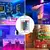 Fita LED RGB 5050 de 5 metros com controle remoto e fonte, exibindo diferentes ambientes iluminados.