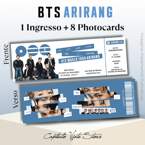 Ingresso Holográfico Personalizado BTS - WORLD TOUR ARIRANG Azul + 8 Photocards