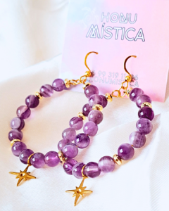 Aros con piedra Amatista en acero dorado - comprar en línea