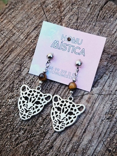 Aros con piedra Ojo de tigre y dije Leopardo