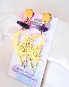 Aros de piedra amatista con gato dorado. - comprar en línea