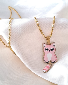 Collar gato rosa con cadena de acero dorado