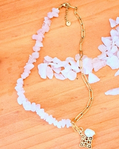 Elegante Collar Cuarzo rosa - Nudo de bruja perla nácar