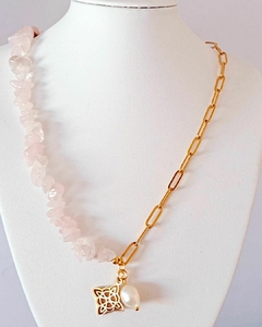 Elegante Collar Cuarzo rosa - Nudo de bruja perla nácar - comprar en línea