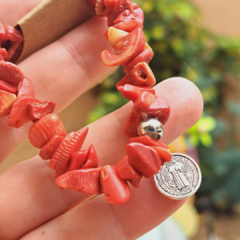 Pulsera de Coral rojo de piedra rústica