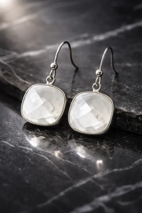 Aros Enjoyas Jewels Plata 925 Cuadrados Cuarzo Blanco