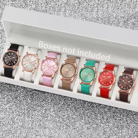 Kit 7 Peças Relógio Feminino Fashion & Casual com Movimento - Design Elegante e Pulseira de Couro - comprar online