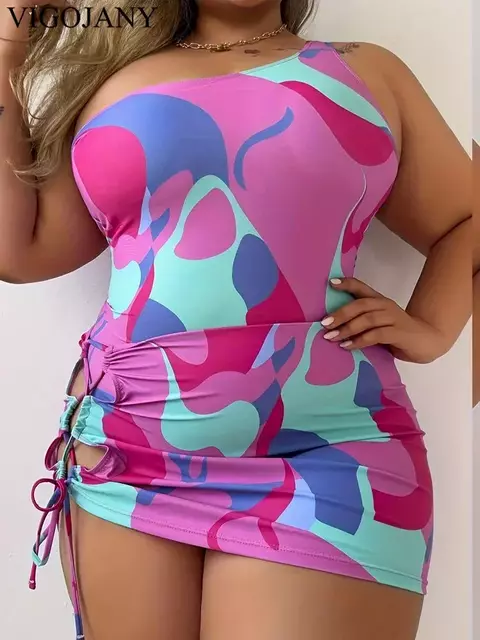Vigojany 2025 Sexy Impressão 2 Peça Plus Size Roupa de Banho Feminina de Um Ombro: