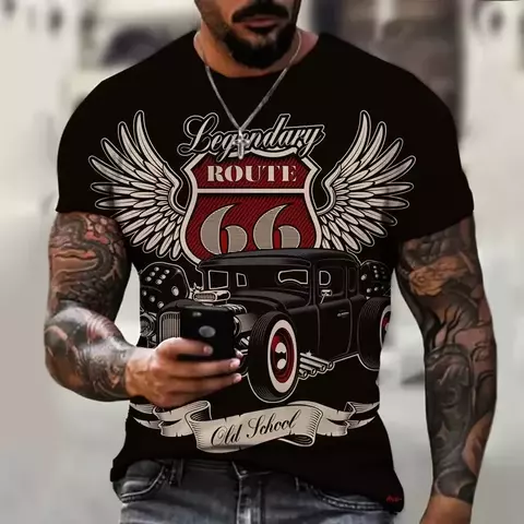 Camiseta dos homens de manga curta Route 66, Masculino 3D Impresso Vestuário, S