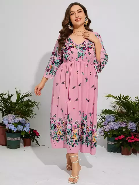 Vestido Plus Size Feminino Elegante Floral Solto