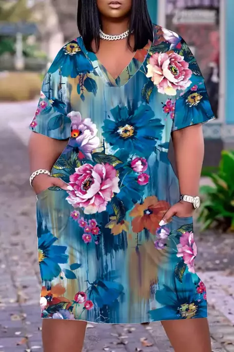 Vestido Plus Size 2025 Primavera Nova Feminina com Decote em V Azul!!