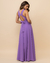 Vestido de festa longo lavanda com decote profundo nas costas, corte slim e laço ajustável na cintura