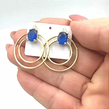 Brinco Antialérgico Banho Ouro 18k com Cristal azul