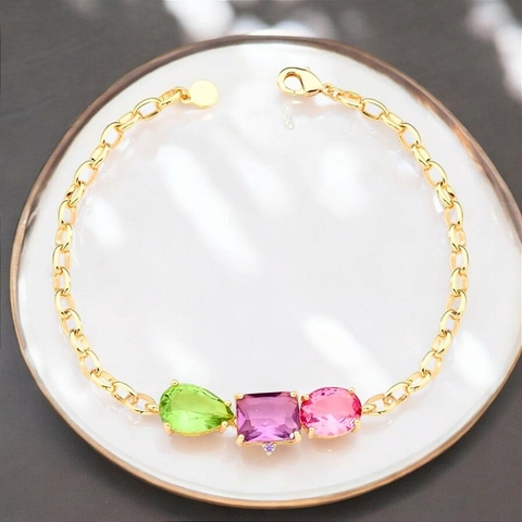 Pulseira Com Cristais Diversos Banhada A Ouro