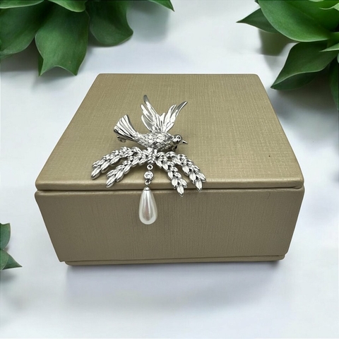 Broche De Pássaro Liso E Pérola Shell Banhado A Ródio