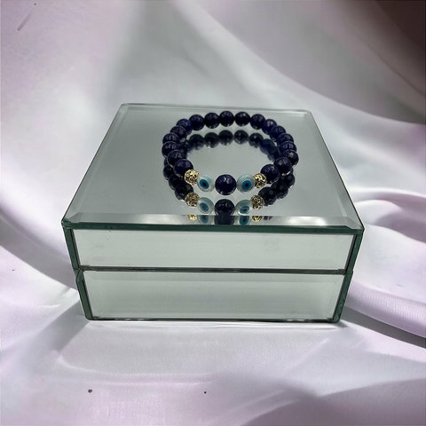 Pulseira Ajustavel Com Pedra Natural Jade Azul Safira Olho Grego