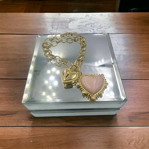 Pulseira Feminina Fecho Coração Pingente Coração Rosa Antigo