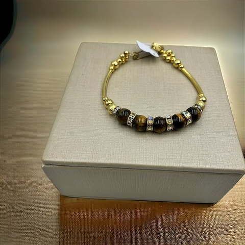 Pulseira Banho Ouro Pedra Natural Olho De Tigre E Cristais