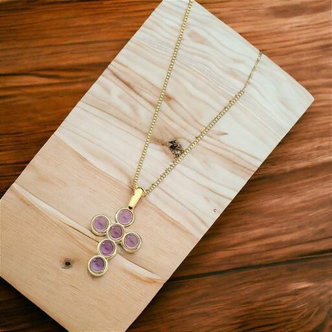 Colar Corrente Veneziana Pingente Cruz com Ametista Banho Ouro 18k