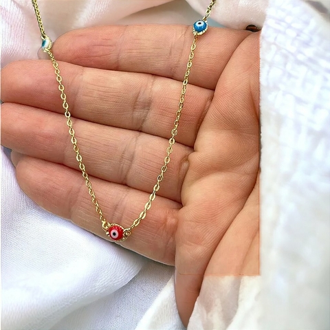 Colar Corrente Feminina Folheado a Ouro 18k Pingentes Olho Grego