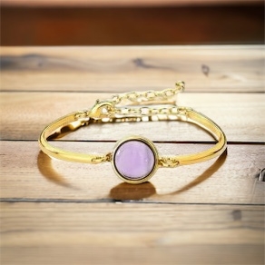 Pulseira Feminina Banho Ouro 18k com pedra redonda ametista natural