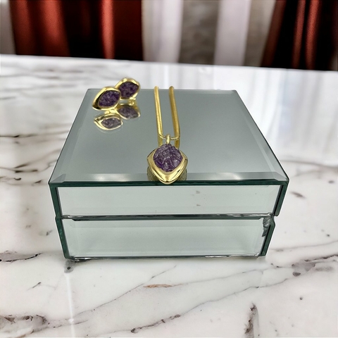 Colar e Brincos Feminino Com Pedras Naturais Ametista Banho Ouro