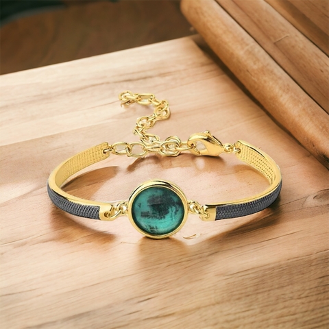 Pulseira Folheada a Ouro e Rodio Negro com Pedra Natural - Esmeralda Brasileira